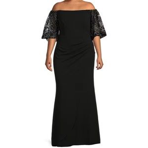 Xscape Off-the-Shoulder Beaded Short Sleeve Gown